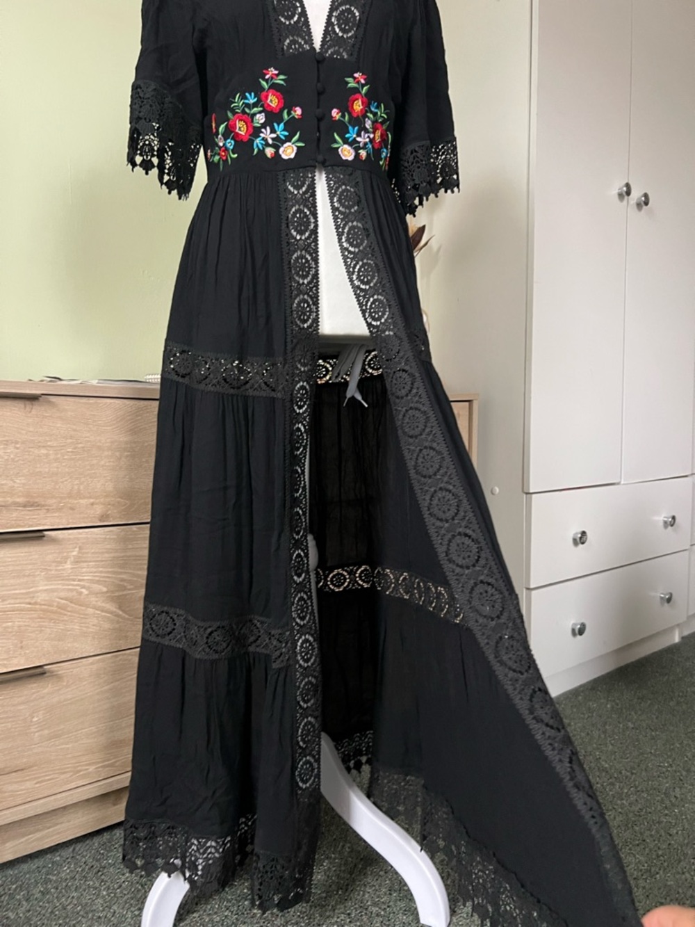 FOREVER21 Black Lace Trim Hem Flowy Embroidered Floral Corset Flowy Duster Dress - Picture 6 of 17